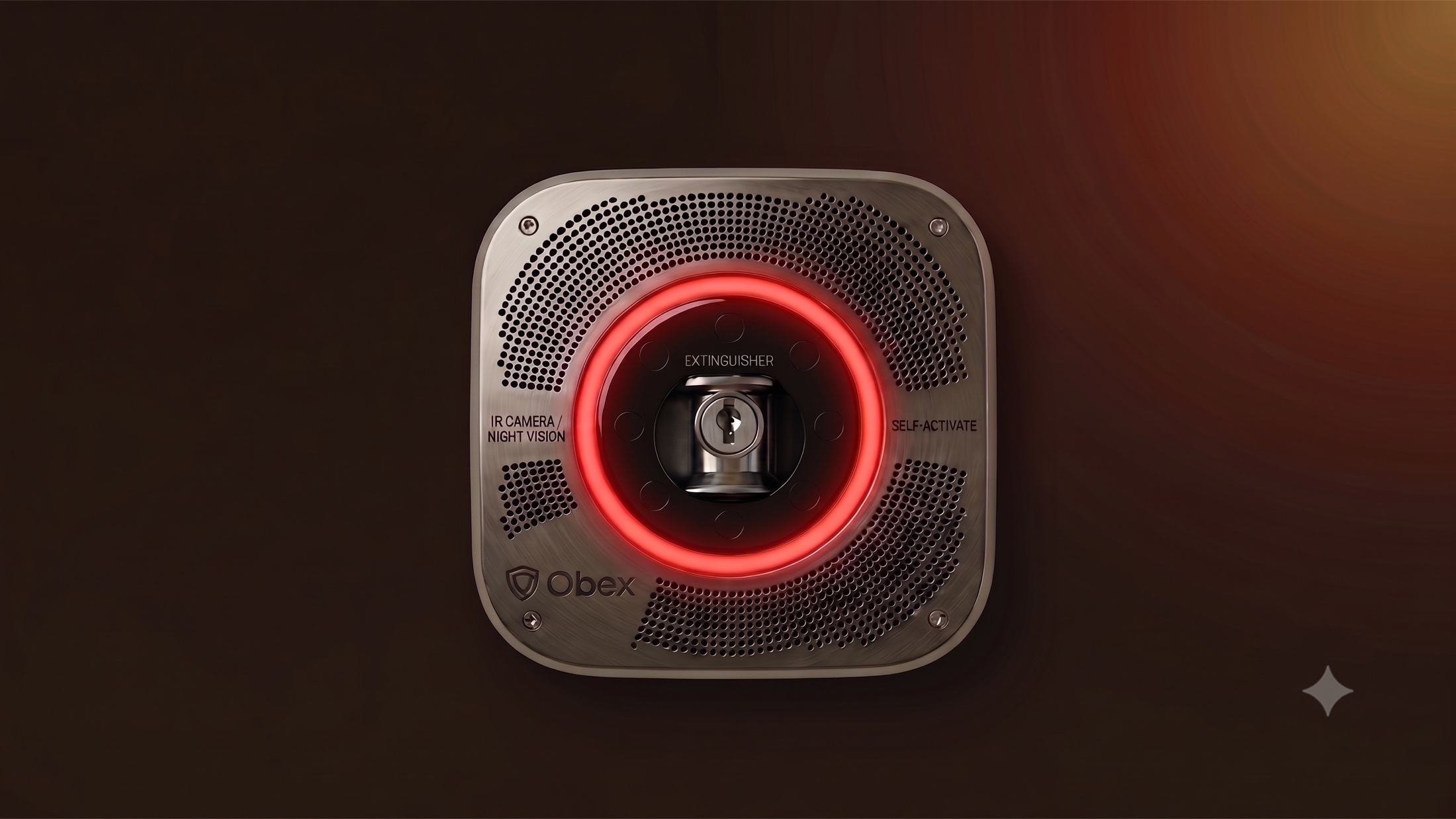 OBEX AI kitchen fire suppression hub faceplate, ceiling-mounted with glowing status ring