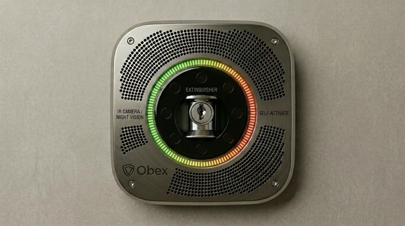 OBEX AI fire suppression hub ceiling-mounted above a kitchen island