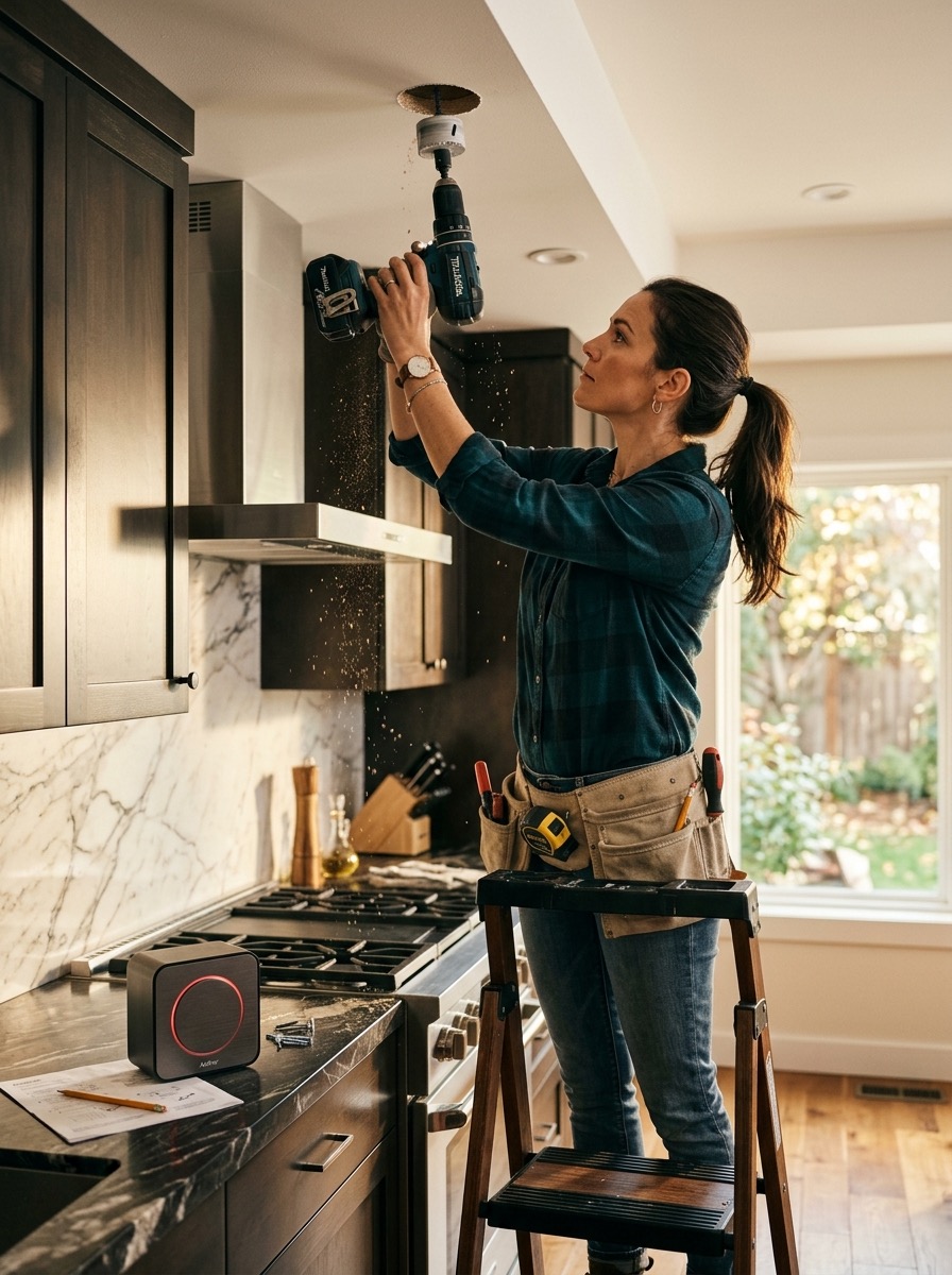 Woman installing the OBEX kitchen fire suppression hub, cutting a ceiling opening on a step ladder