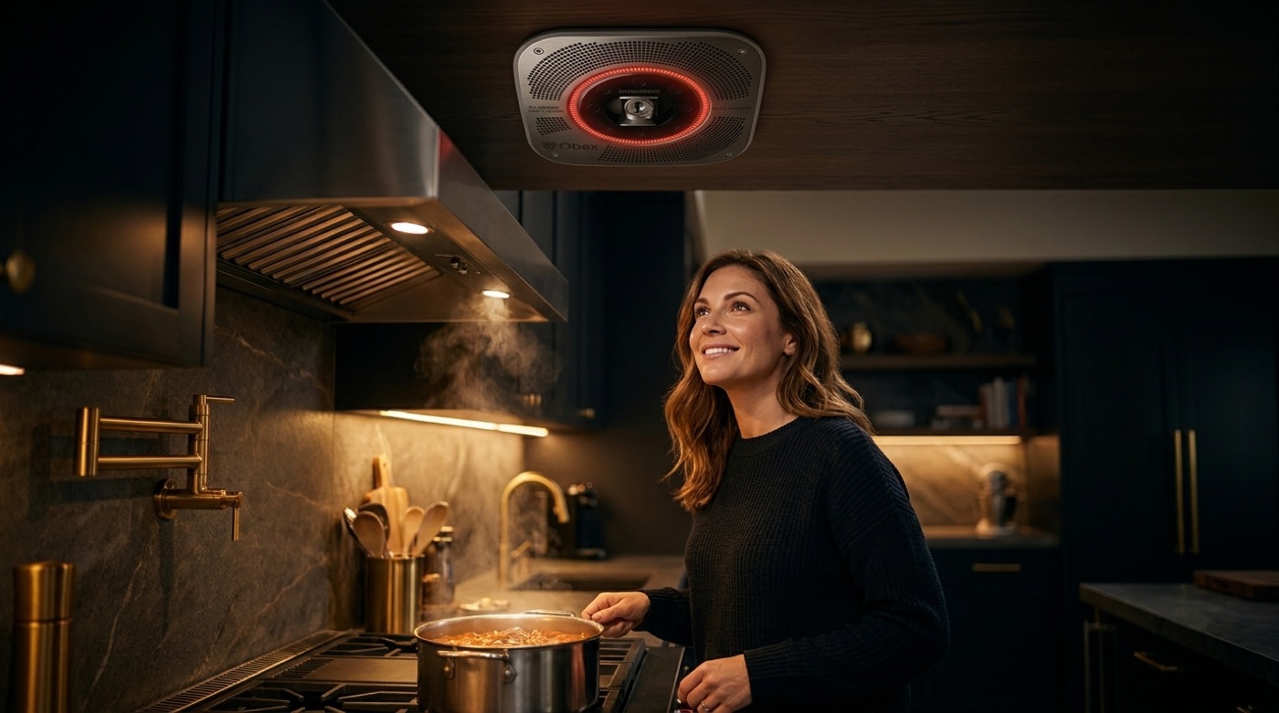 Woman glancing up at the OBEX AI fire suppression hub mounted on her kitchen ceiling